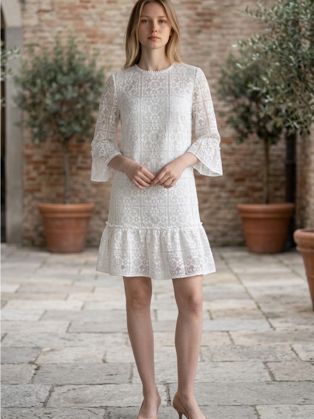 Kate Spade Lace Ruffle Hem Shift Dress in White Sz 4
